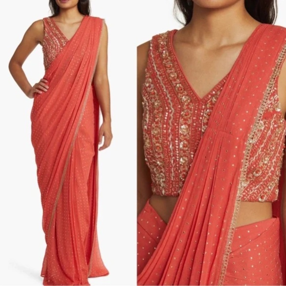 new Sani Zian draped saree two piece gown set in paprika peach and gold